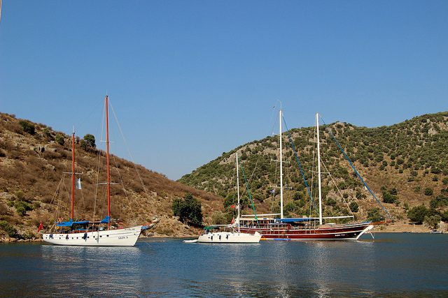 Sailing yachts moored in Fethiye Bay, Turkey