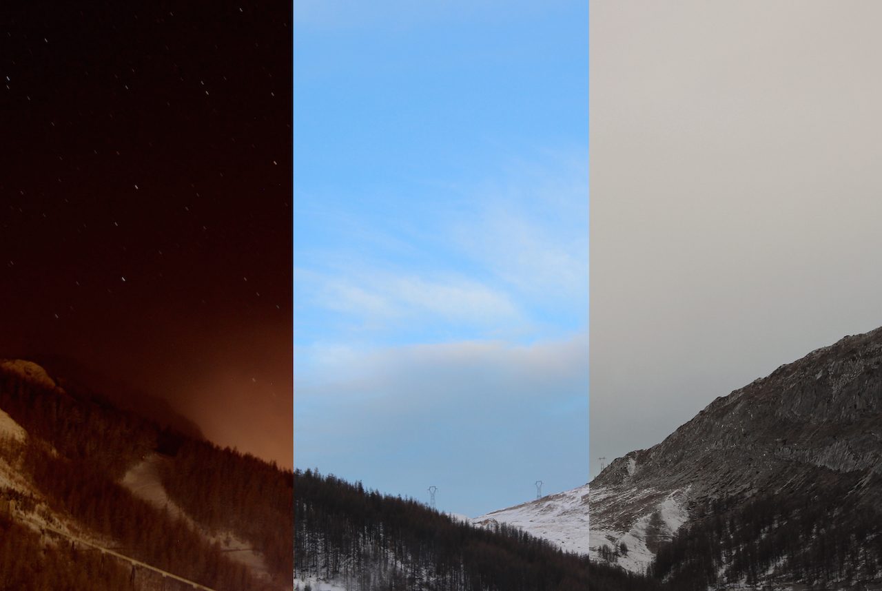 Triptych of a mountain valley in Val d'Isère from night to day